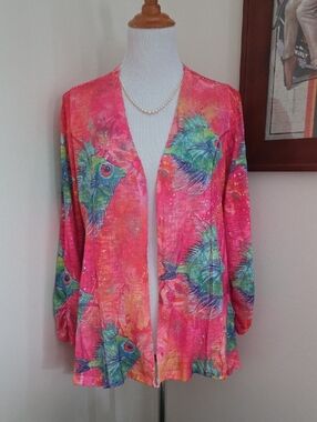 Leoma Lovegrove Vibrant Pink Open-Front Fish Print Women's Light Sweater